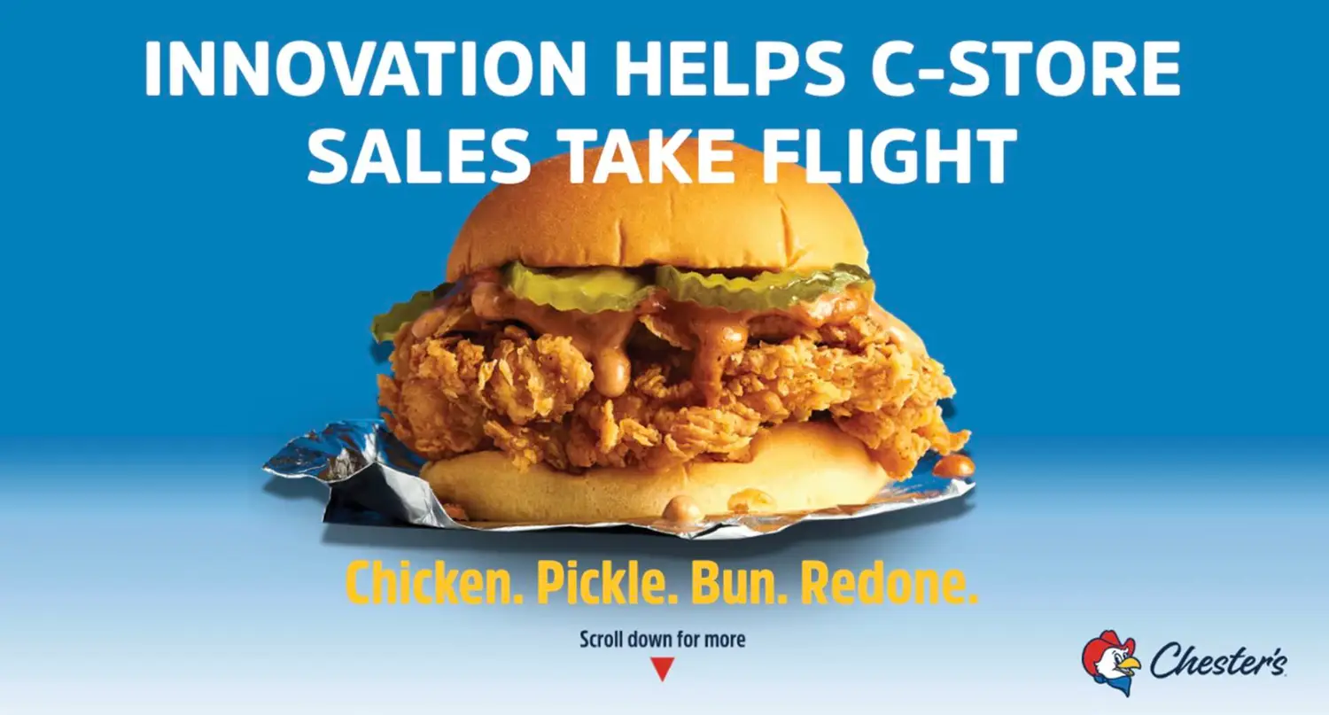 Chicken sandwich advertisement with tagline.