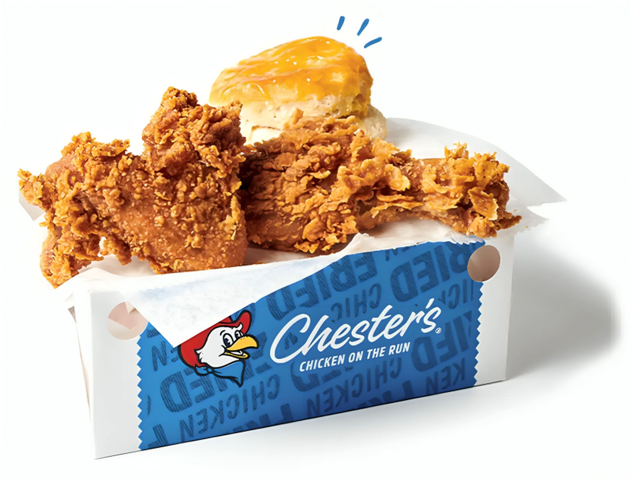 Fresh double-breaded Chester’s Chicken with crispy fried pieces served hot at a convenience store location
